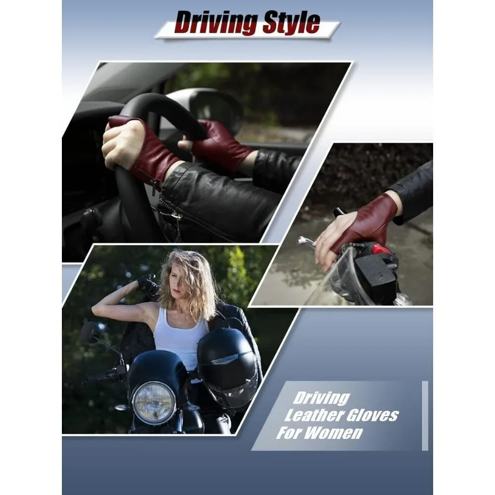 Women's Burgundy Fingerless Leather Driving Half Finger Gloves Halloween Design
